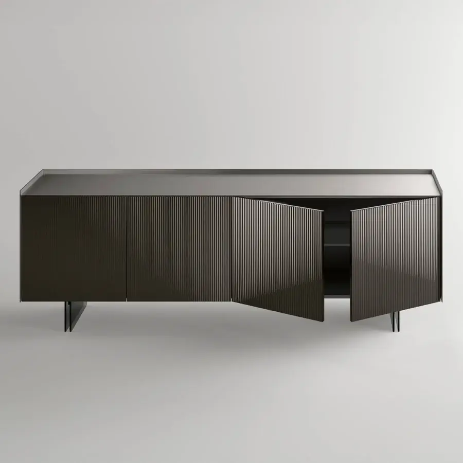 Distinguished Tonelli Design Aterea sideboard with dark gray textured finish and grooved fused glass frontals