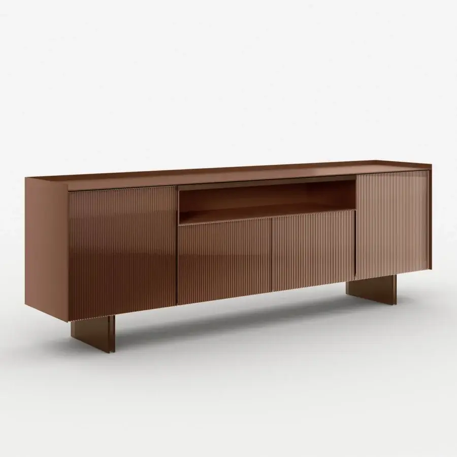 Exceptional Tonelli Design Aterea sideboard with reddish-brown fused glass frontals and subtle satin finish