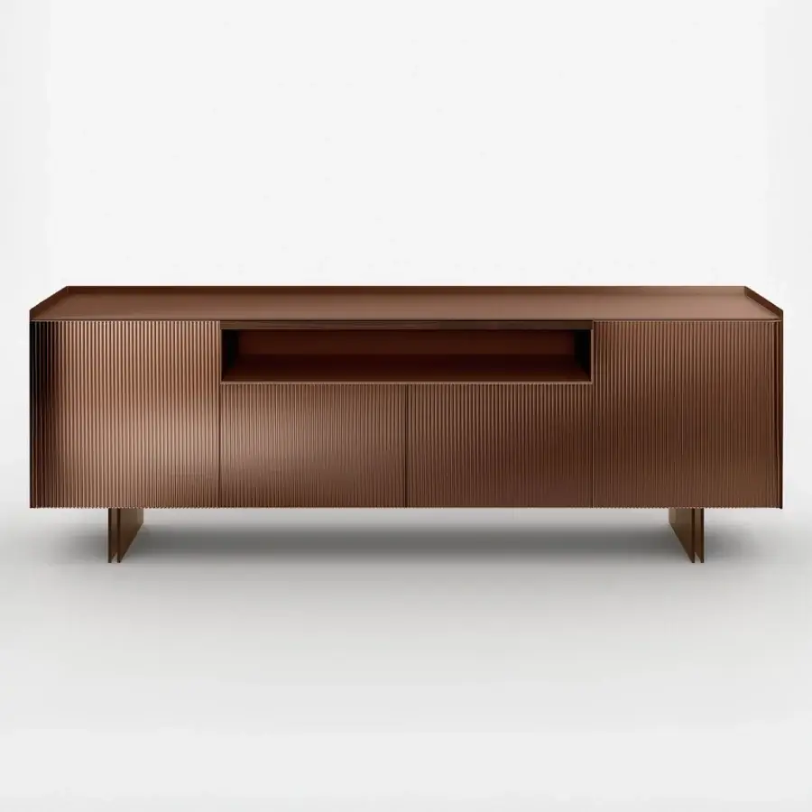 Elegant Tonelli Design Aterea sideboard with warm medium-brown wood and distinctive vertically ribbed texture