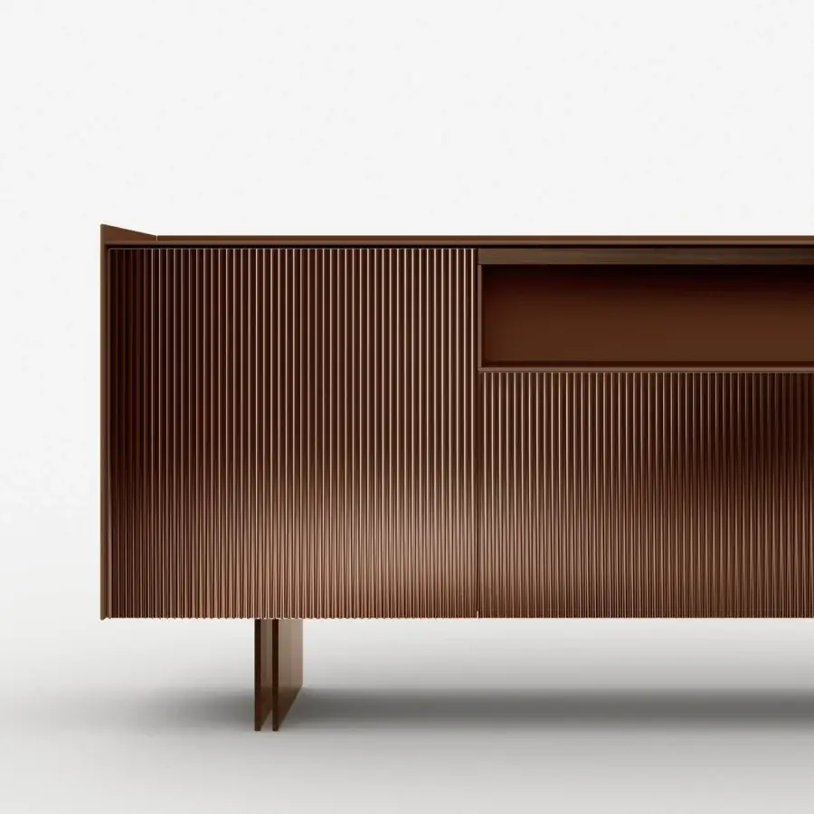 Superior Tonelli Design Aterea sideboard with warm medium-brown finish and captivating vertically ribbed fused glass detailing