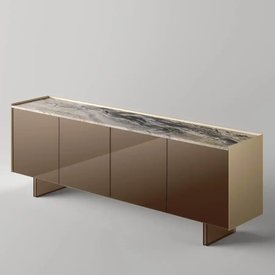 Distinguished Tonelli Design Aterea sideboard with brownish-bronze wood and striking stone top built with fused glass frontals