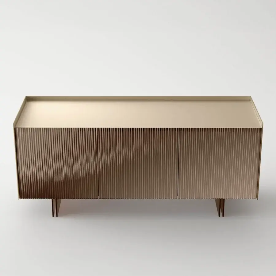 Elegant Tonelli Design Aterea sideboard crafted with fused glass frontals and noble materials in a satin finish