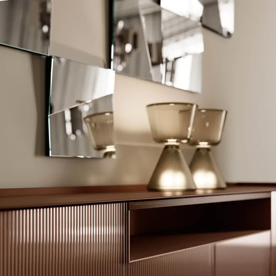 Captivating Tonelli Design Aterea sideboard built with fused glass frontals and satin finished wood in a warm medium tone