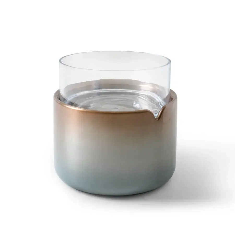 Lavish Giorgetti Teti side table with container crafted in liquid metal with gradient from blue to copper and detailed leather finish