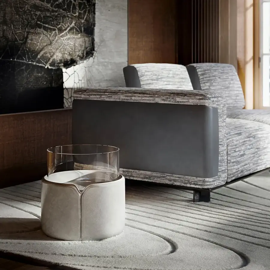 Exceptional Giorgetti Teti side table with container built in liquid metal with light blue to copper finish