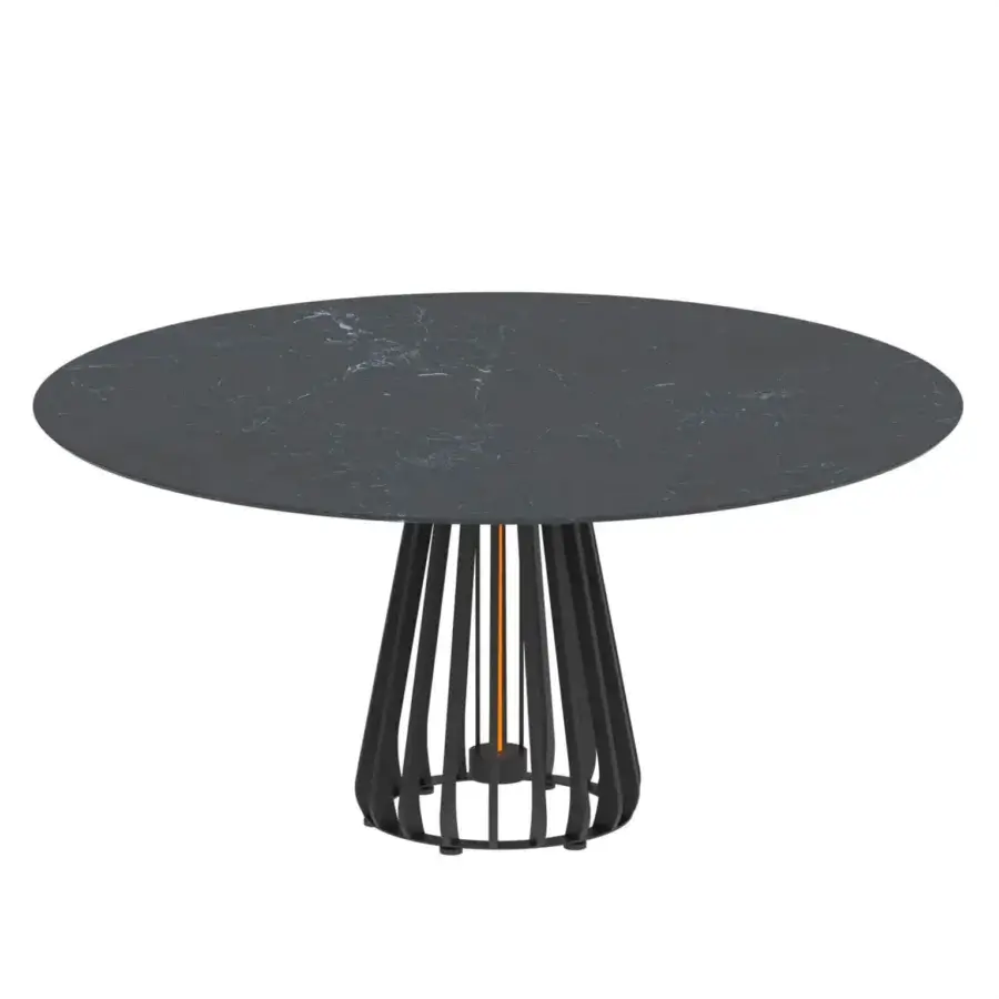 Distinguished Royal Botania Furniz table with a dark, stone-like tabletop and polished cage-like base crafted for outdoor settings