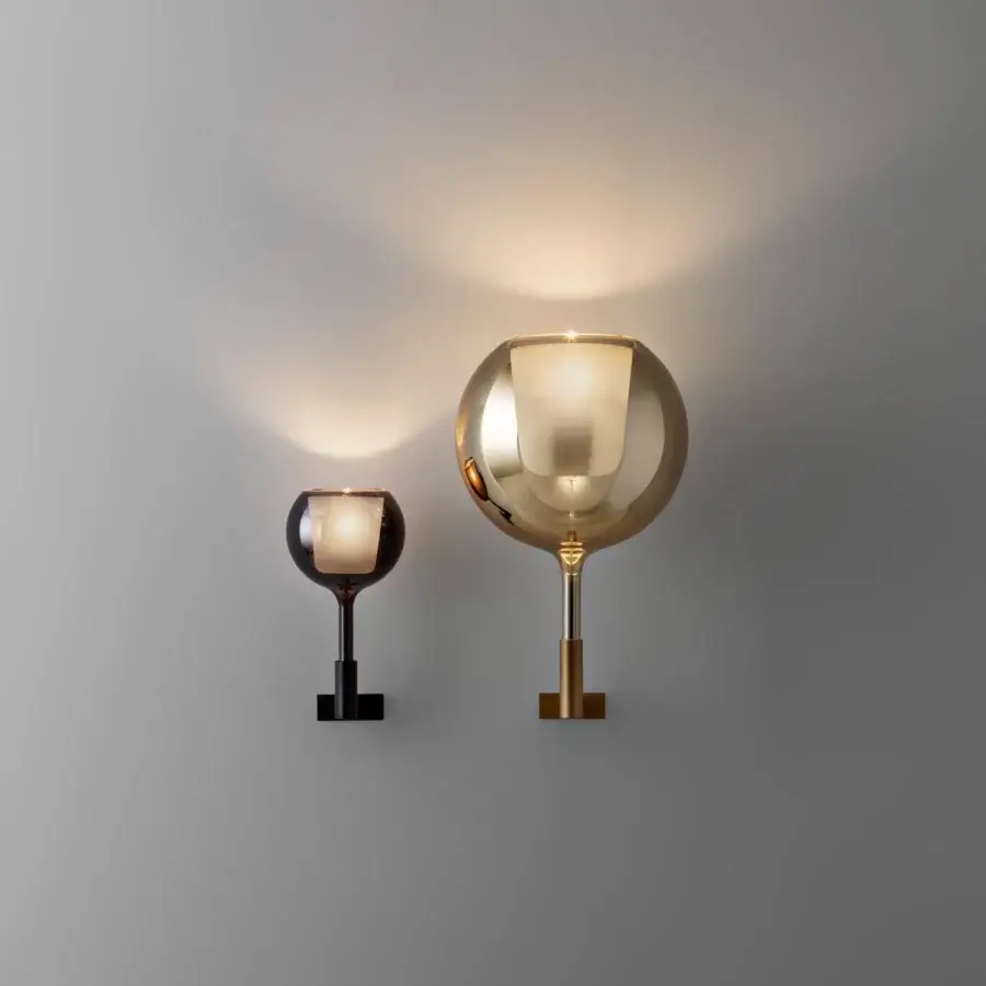 Exceptional Penta Glo wall lamp with golden metal and mirrored glass shades, crafted with a sandblasted finish