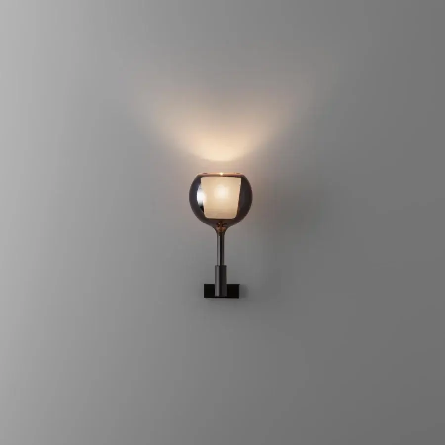 Superior Penta Glo wall lamp with greyish-brown mirrored glass and sandblasted inner shade in matte black metal