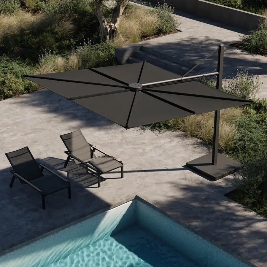 Superior Royal Botania Solaz umbrella with dark gray matte textile canopy and sleek dark metal frame