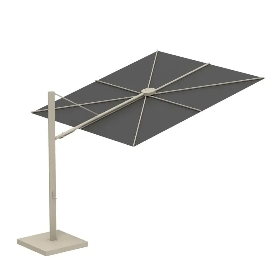 Exceptional Royal Botania Solaz umbrella with a dark gray textile canopy and light beige satin metal frame
