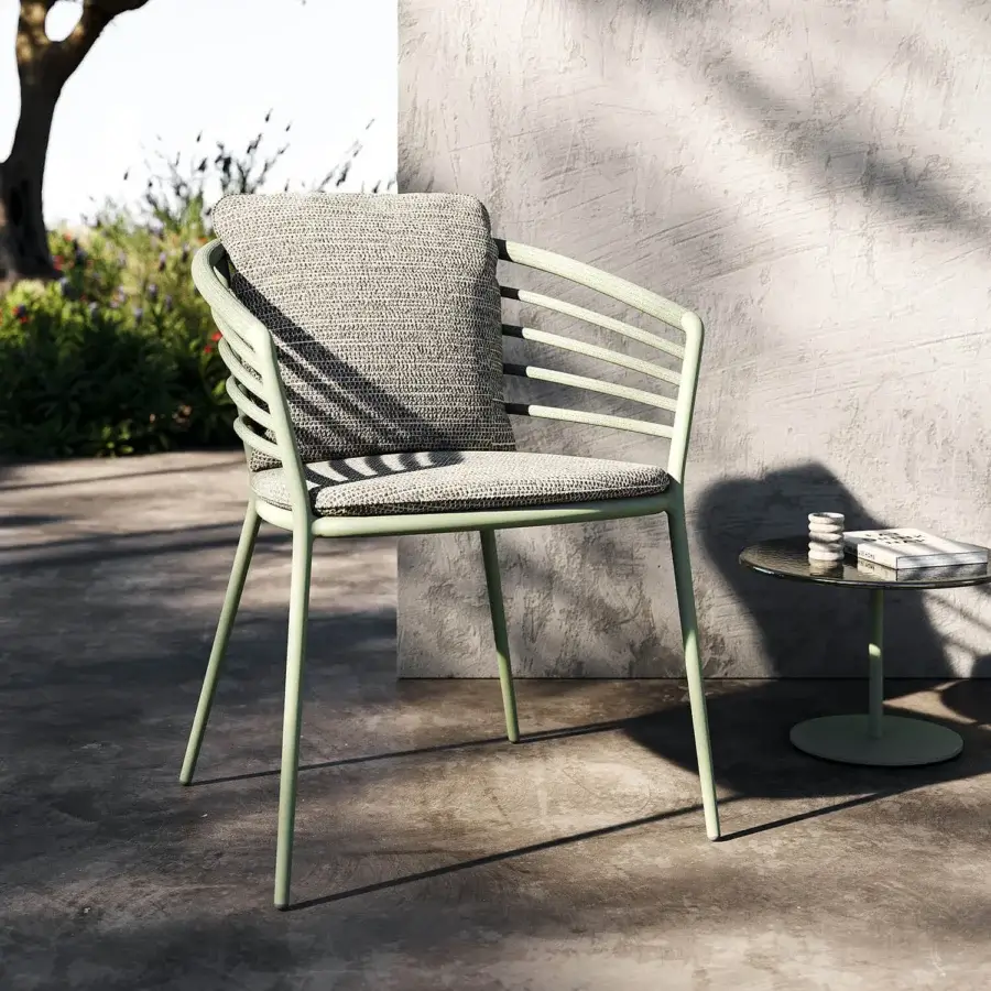 Superior Royal Botania Archy armchair with a matte Sage metal frame and textured mottled gray Batyline seat