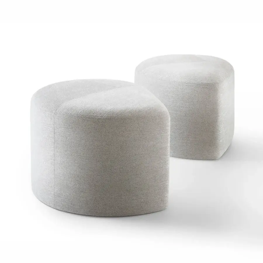 Distinguished Giorgetti Tiber Coffee Table & Tiberina Ottoman pair upholstered in light neutral gray textured textile with a matte finish