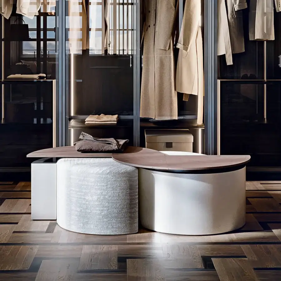 Exceptional Giorgetti Tiberina ottoman upholstered in textured light neutral textile with a smooth wood surface
