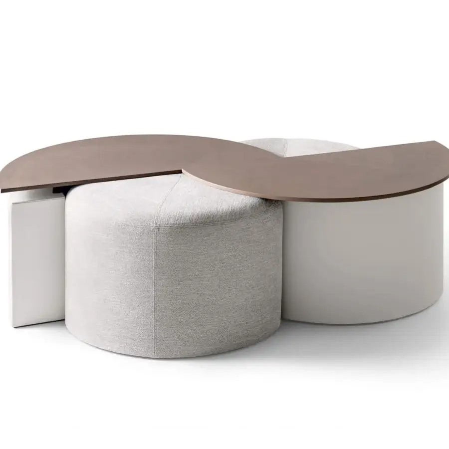 Superior Giorgetti Tiber Coffee Table & Tiberina Ottoman set with neutral gray textile and satin-finish wooden tabletop