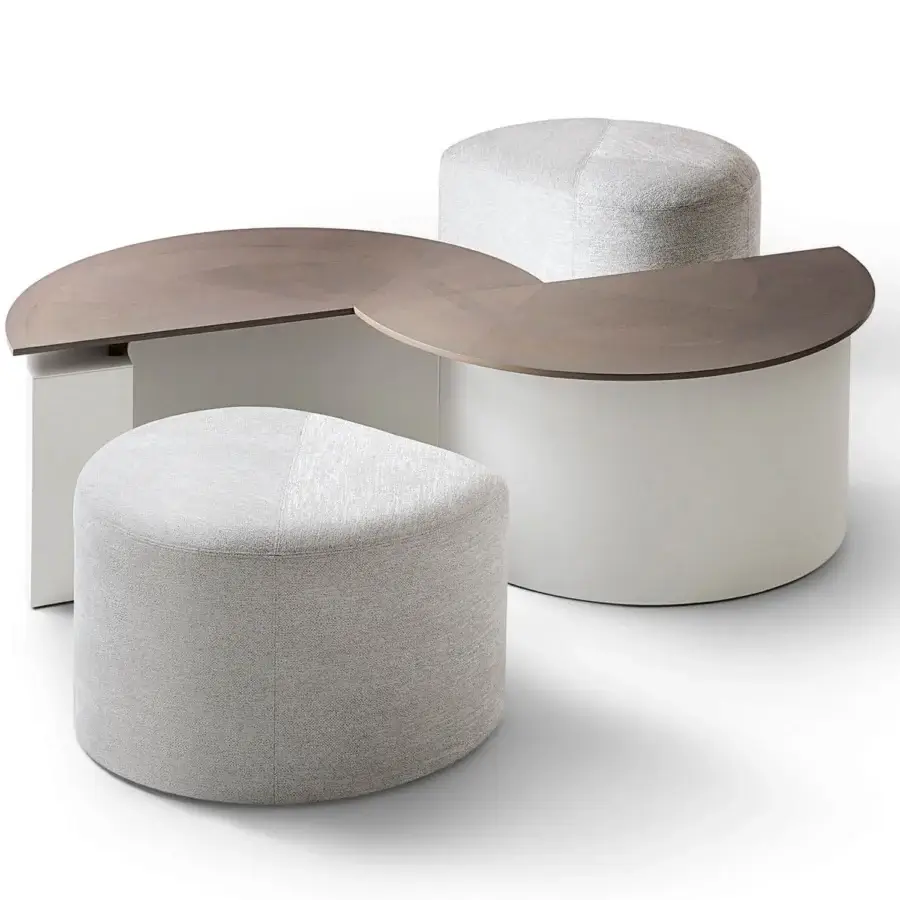 Elegant Giorgetti Tiber Coffee Table & Tiberina Ottoman ensemble upholstered in textured neutral gray textile with satin-finish warm brown wood