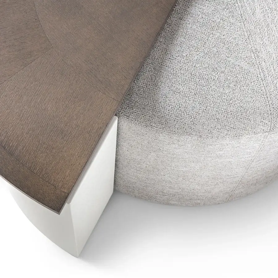 Distinguished Giorgetti Tiberina ottoman upholstered in textured light gray textile with radiating brown wood veneer and satin finish