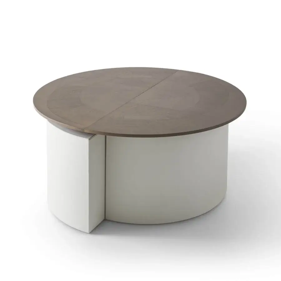 Distinguished Giorgetti Tiber Coffee Table & Tiberina Ottoman with a dynamic wood tabletop and light beige cylindrical bases in a matte finish