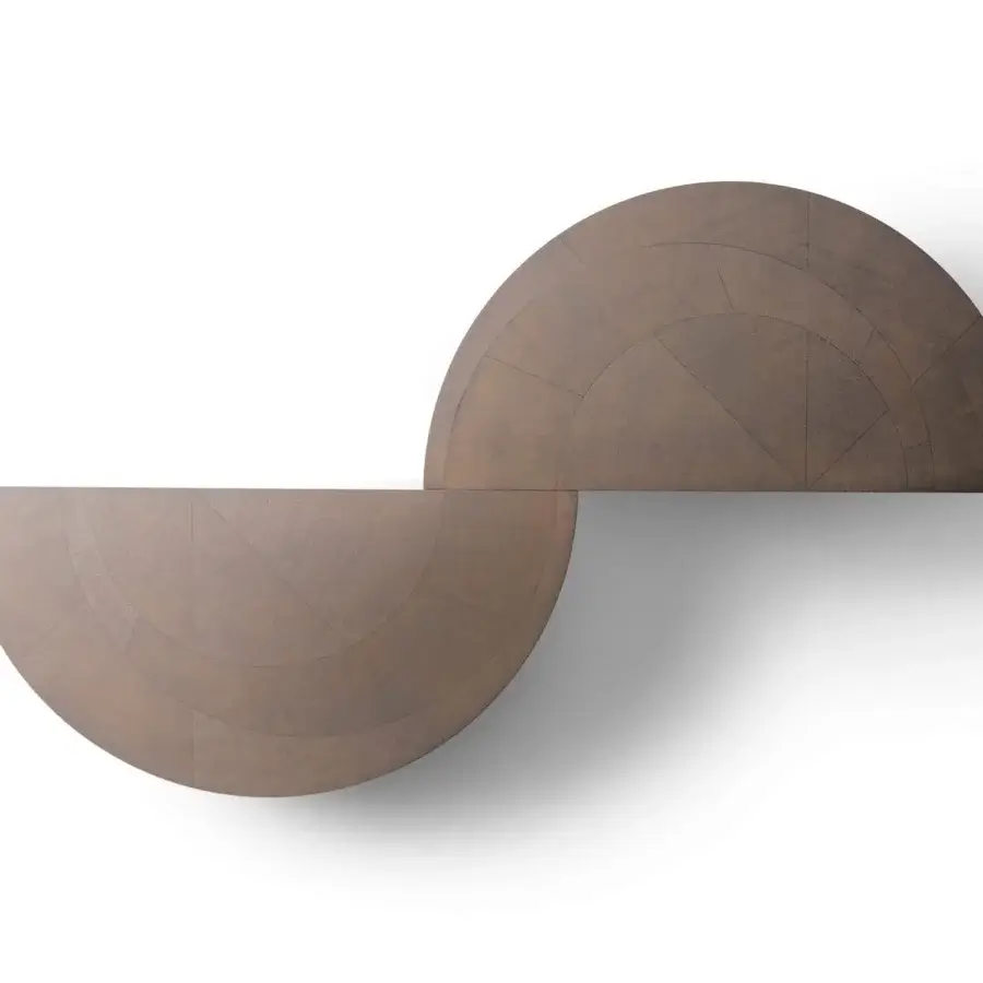 Exceptional Giorgetti Tiber Coffee Table & Tiberina Ottoman with fragmented circular form in medium brown wood and matte finish