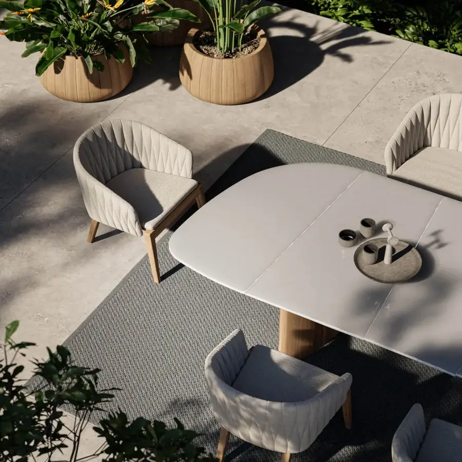 Superior Royal Botania Regaliz table with light grey glass top crafted using a unique melting technique and grained teak base