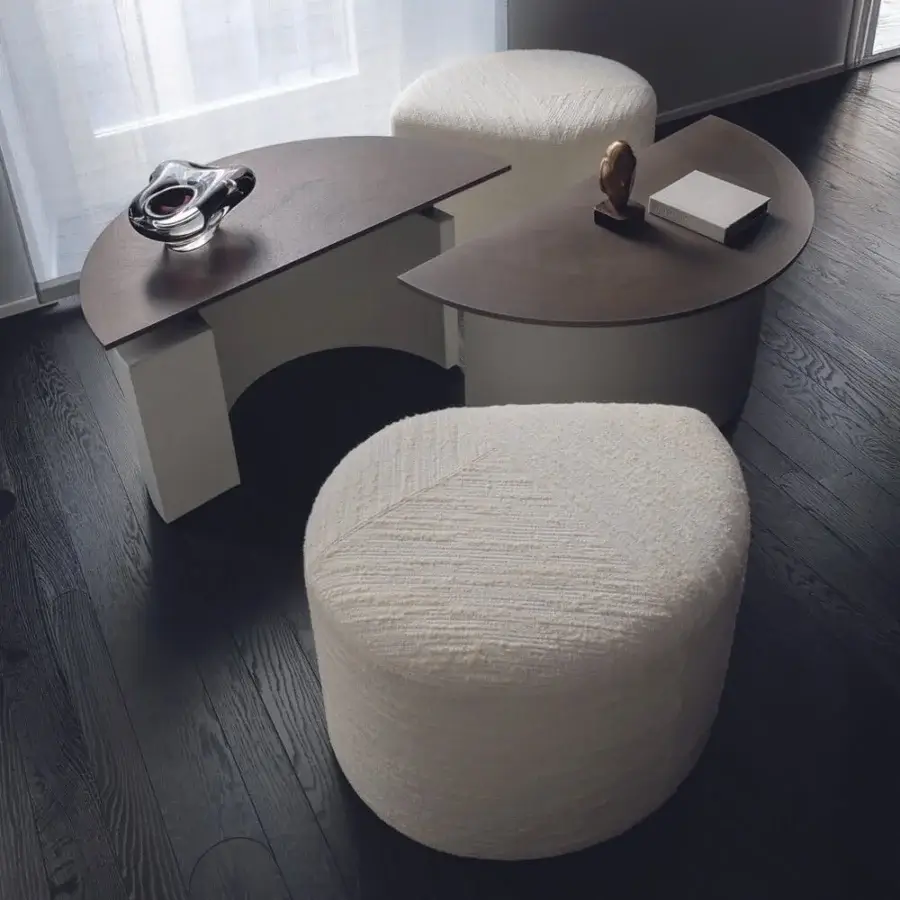 Distinguished Giorgetti Tiber Coffee Table & Tiberina Ottoman set with overlapping satin-finished wood and off-white supporting structures