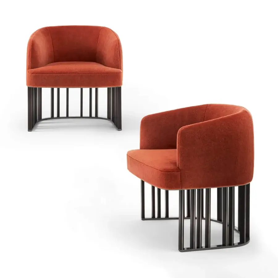 Superior Giorgetti Hero lounge chair upholstered in reddish-brown fabric with a canaletto walnut base crafted in Italy