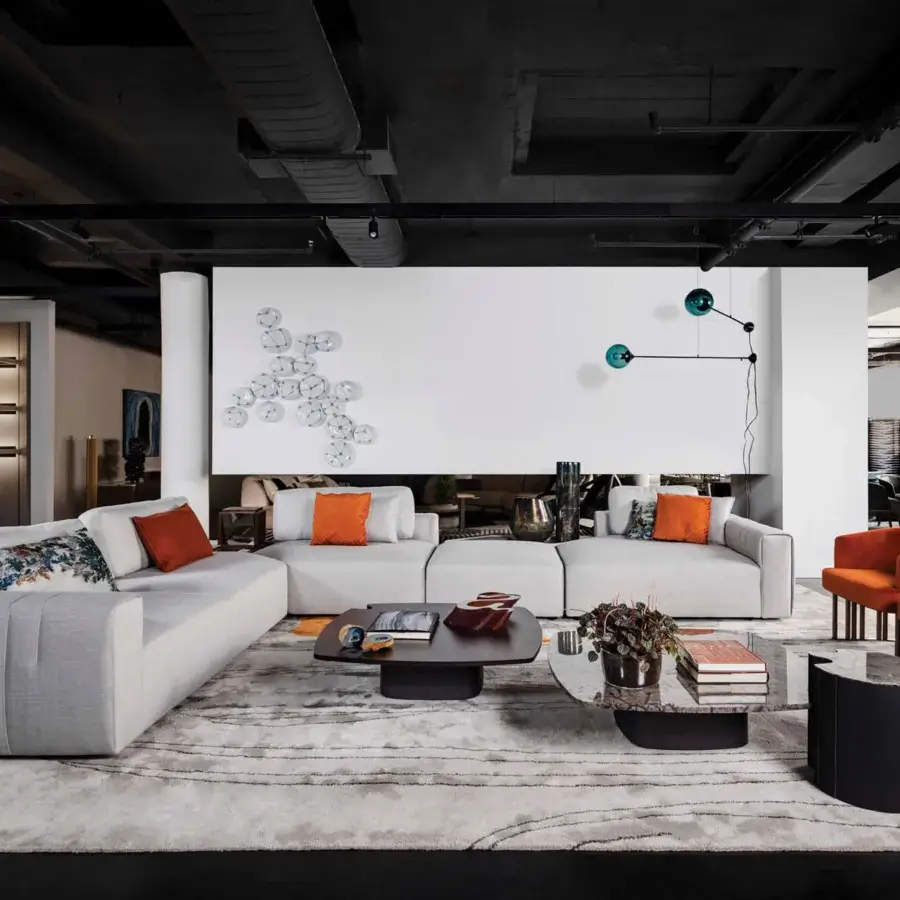 Exceptional Giorgetti Hero lounge chair in textured orange velvet with a sleek canaletto walnut base