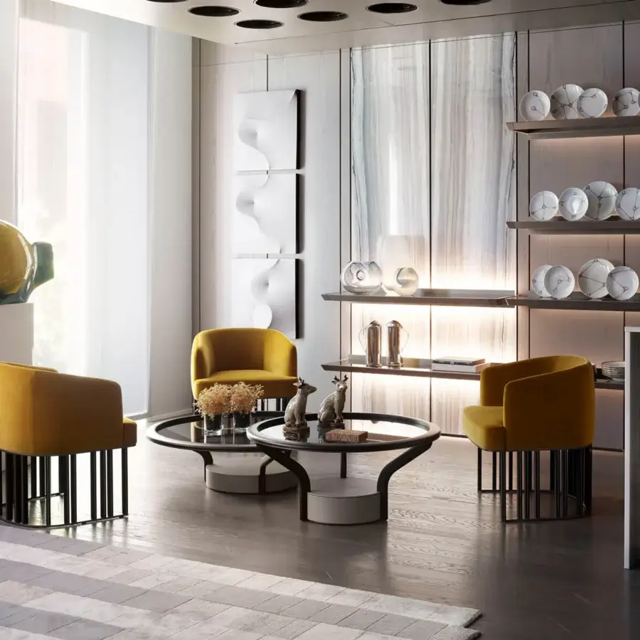 Elegant Giorgetti Hero lounge chair in warm mustard yellow fabric with a sleek canaletto walnut base and dark metal frame