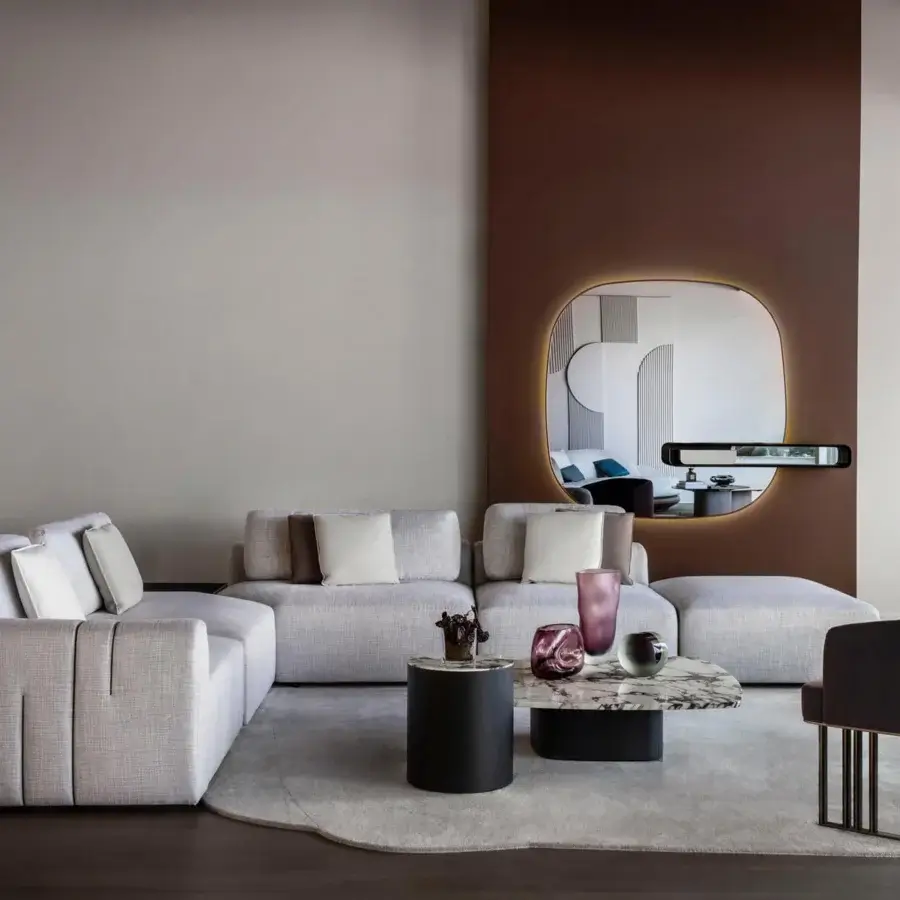 Distinguished Giorgetti Hero lounge chair with deep purple woven fabric upholstery and canaletto walnut base crafted with two-tone leather detailing and matte finish