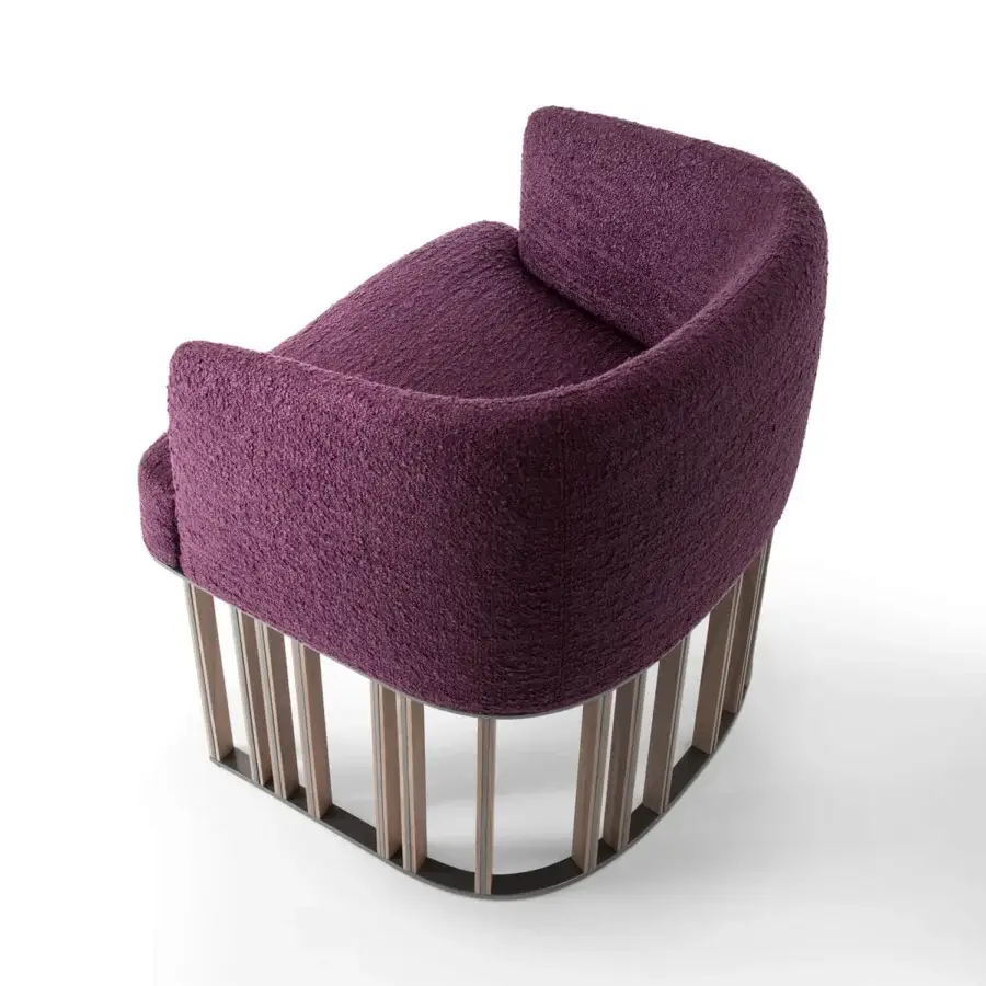 Sumptuous Giorgetti Hero lounge chair with plush purple textile and sleek canaletto walnut base