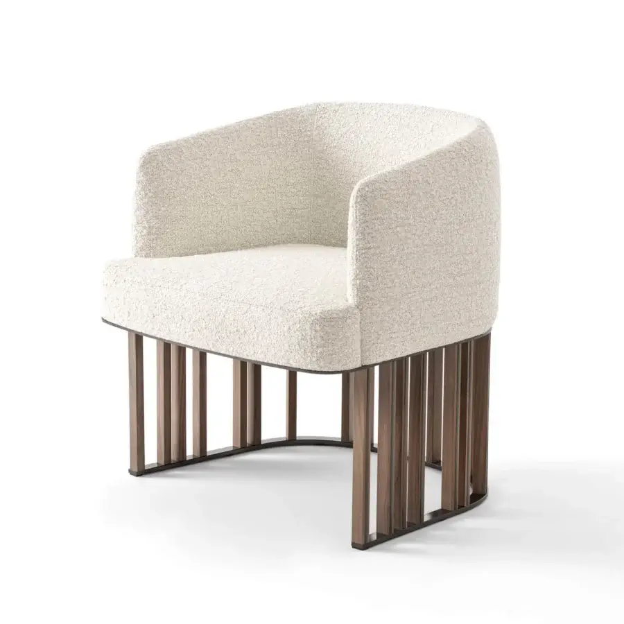 Exceptional Giorgetti Hero lounge chair with creamy off-white textured fabric and contrasting canaletto walnut base