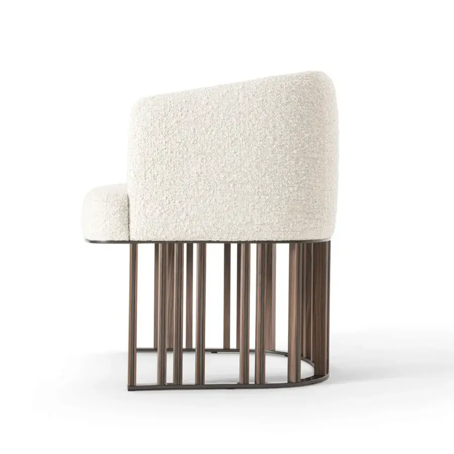Elegant Giorgetti Hero lounge chair with creamy off-white textured boucle upholstery and dark bronze satin metal frame