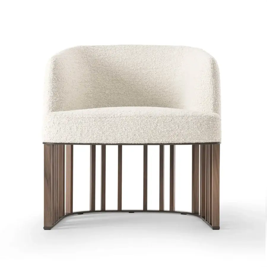 Distinguished Giorgetti Hero lounge chair in textured off-white bouclé with a satin canaletto walnut base
