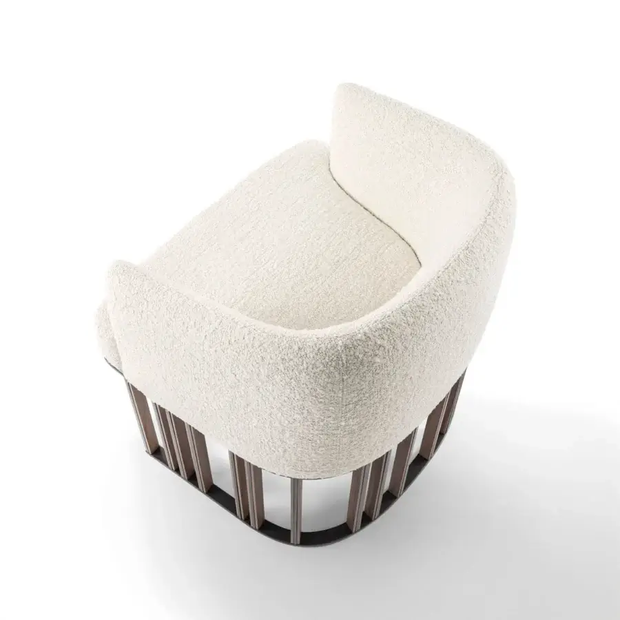 Lavish Giorgetti Hero lounge chair in creamy off-white bouclé upholstery with a canaletto walnut base