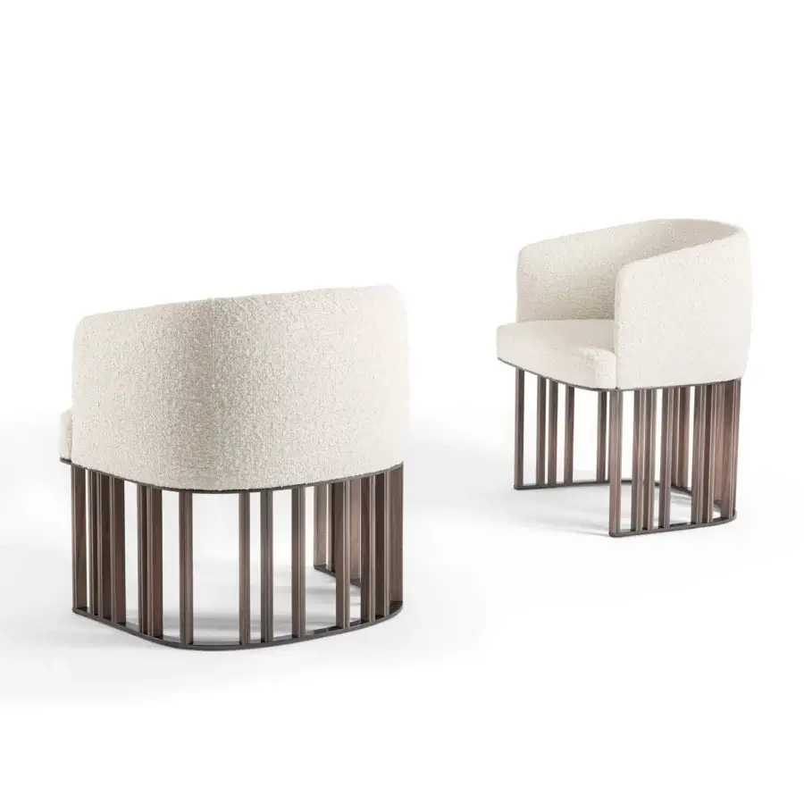 Exceptional Giorgetti Hero lounge chair in textured off-white bouclé with a satin-finish bronze metal base crafted with canaletto walnut