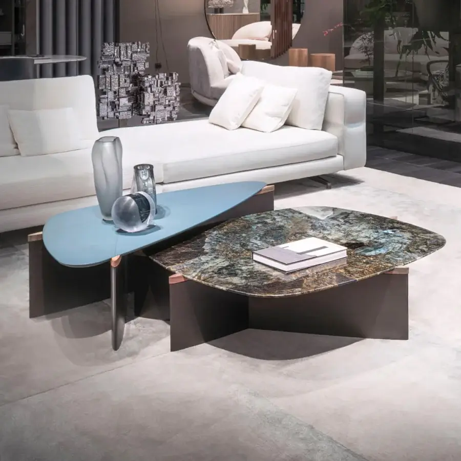 Distinguished Giorgetti Griffe coffee table with an asymmetrical Canaletto walnut base and captivating polished stone top displaying green, brown, and gold hues