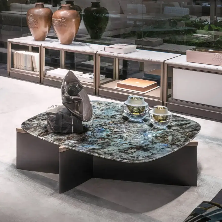 Exceptional Giorgetti Griffe coffee table with a Canaletto walnut base and marble top exhibiting dark grey, blue, gold veining with a polished finish