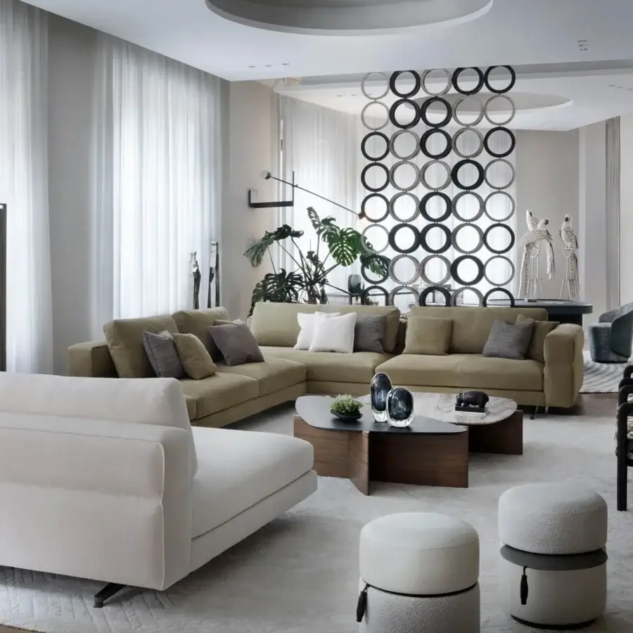Distinguished Giorgetti Griffe coffee table with an asymmetrical Canaletto walnut base and ash wood inlay with satin finish