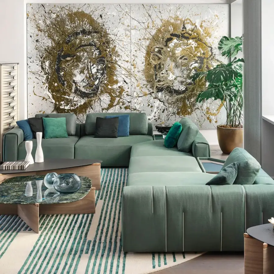Exceptional Giorgetti Griffe coffee table with a dark green marbled top and asymmetrical Canaletto walnut with pau ferro details crafted in glossy and matte finishes