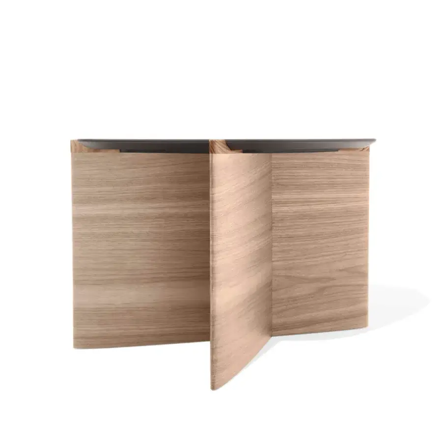 Elegant Giorgetti Griffe coffee table with an asymmetrical Canaletto walnut base and striking pau ferro details in a satin finish