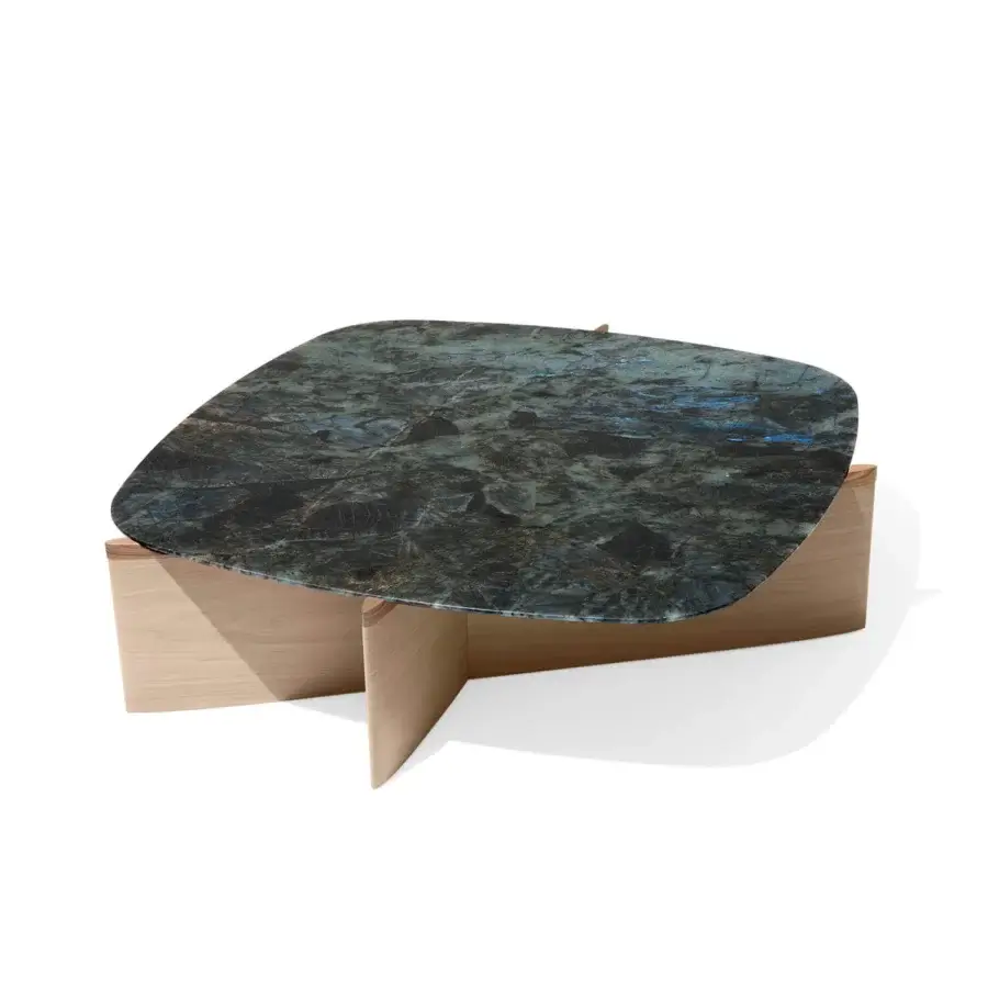 Superior Giorgetti Griffe coffee table with a polished marble tabletop displaying dark greens, blues, and grays in Canaletto walnut with a satin finish