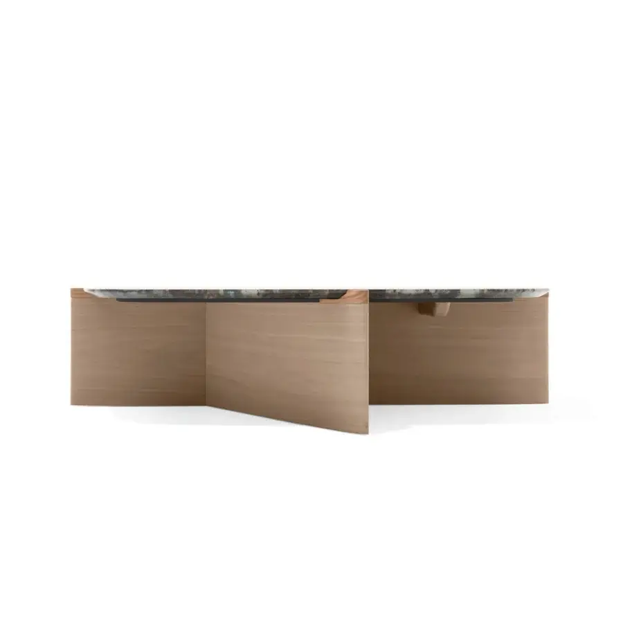 Distinguished Giorgetti Griffe coffee table with a Canaletto walnut finish and marble displaying subtle gray, white, and green veining