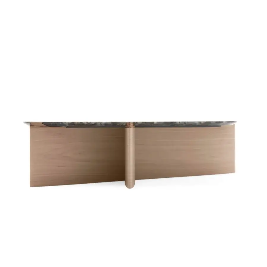 Exceptional Giorgetti Griffe coffee table crafted in Canaletto walnut with a polished cool-toned marble tabletop displaying chromatic contrast