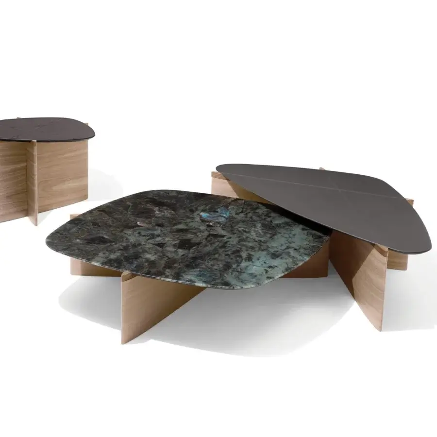 Elegant Giorgetti Griffe coffee table with an irregular dark surface and Canaletto walnut base displaying a satin sheen