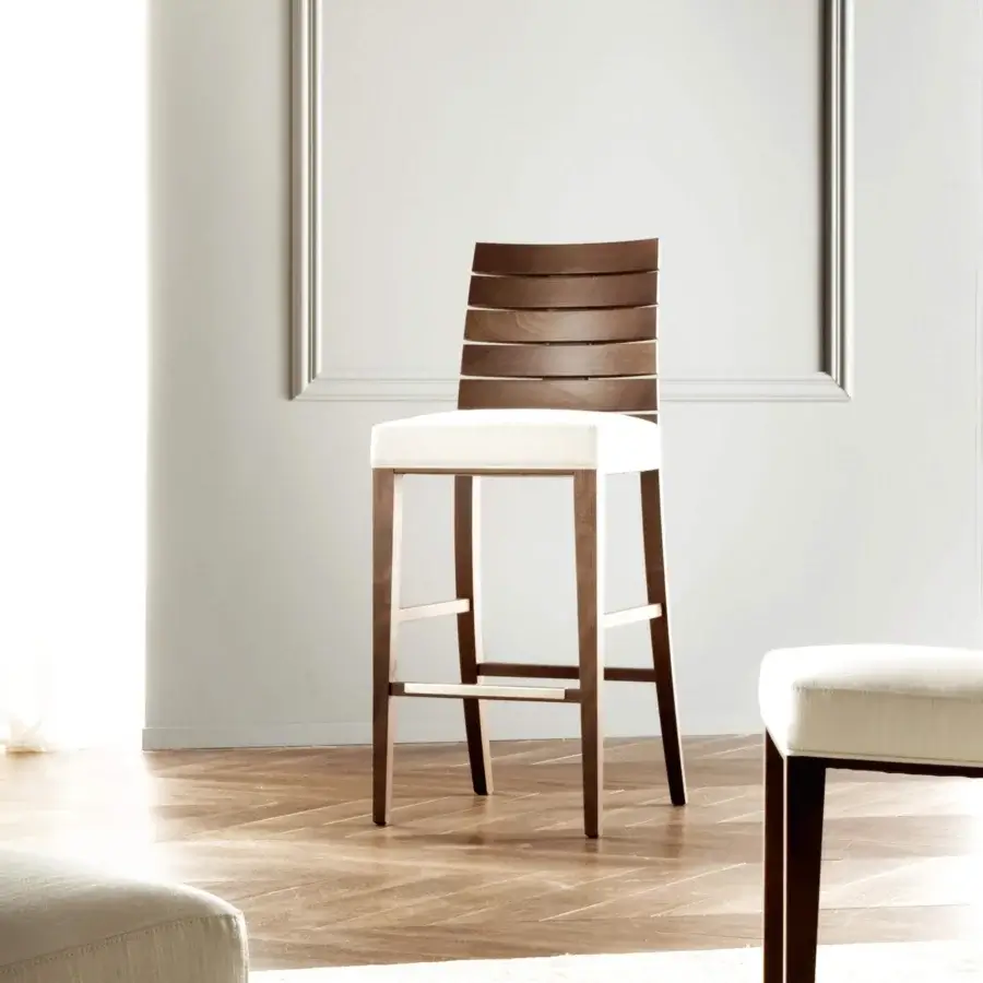 Elegant Costantini Pietro Charm stool with a light textile seat and medium-tone beech wood frame crafted in Italy