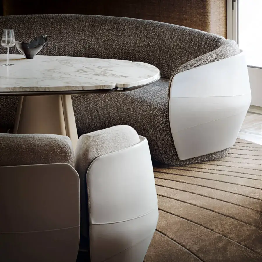 Distinguished Giorgetti Floria lounge table crafted with grey and white veined marble and elegantly tanned leather legs