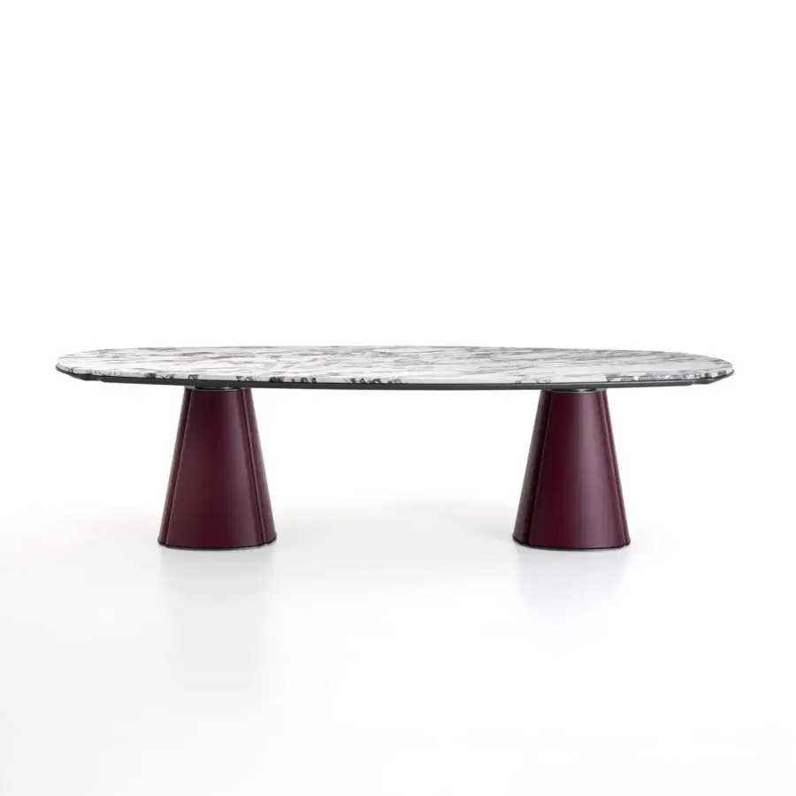Distinguished Giorgetti Floria lounge table with sculpted form and gray and white marble top, built with burgundy leather legs