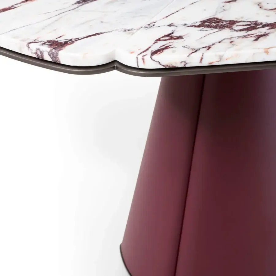 Distinguished Giorgetti Floria lounge table with reddish-brown veined marble top and richly colored leather legs crafted in Italy