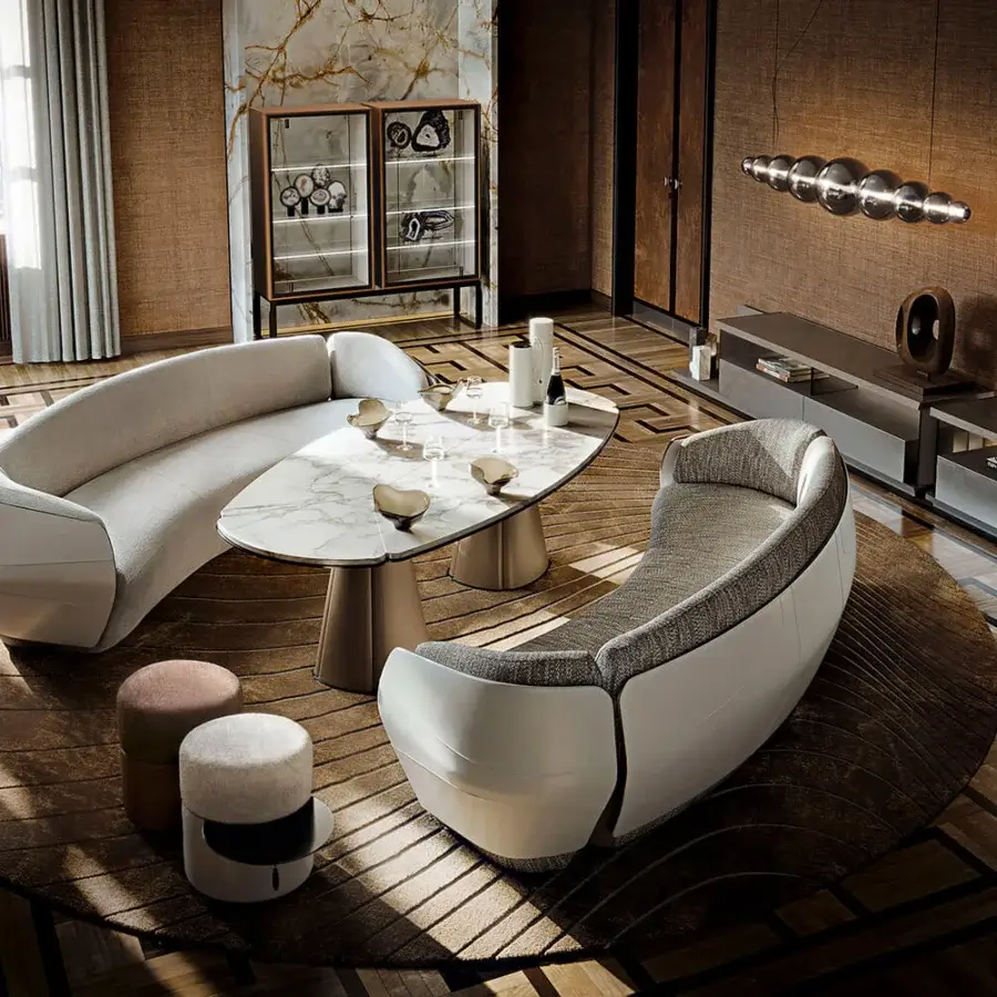 Exceptional Giorgetti Floria lounge table in white and gray marble with sculpted form and dark satin-finished leather pedestal base