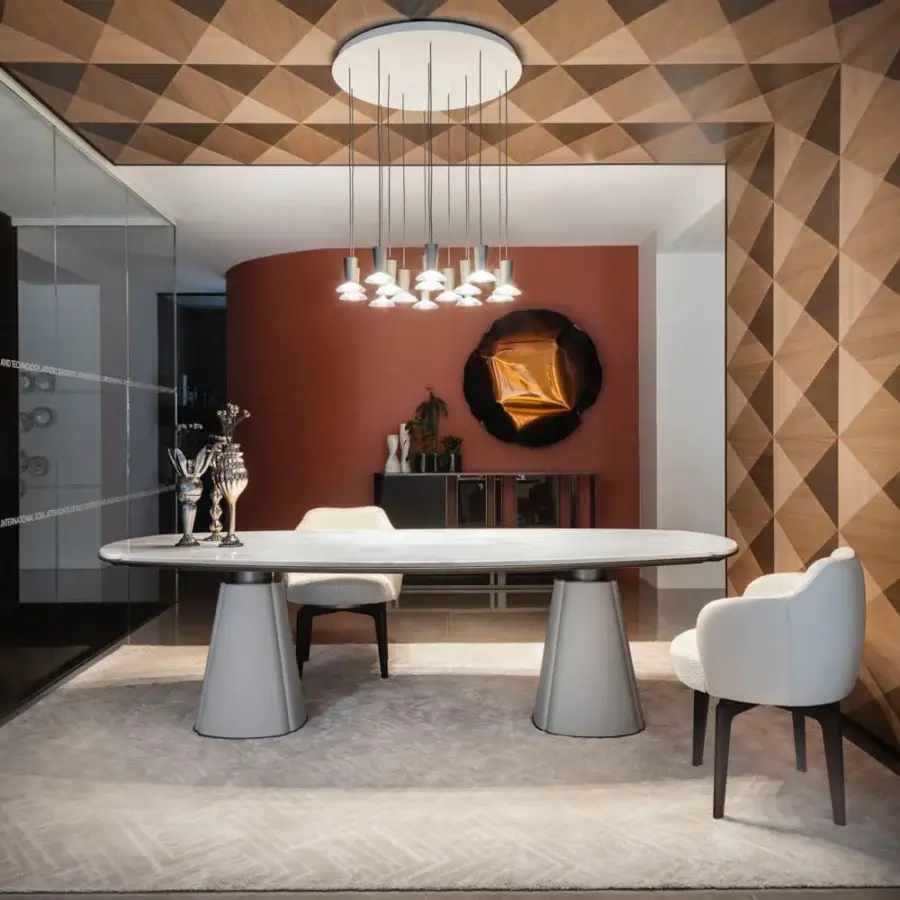 Superior Giorgetti Floria table with sculpted lines, marble top displaying subtle veining, and matte gray leather legs