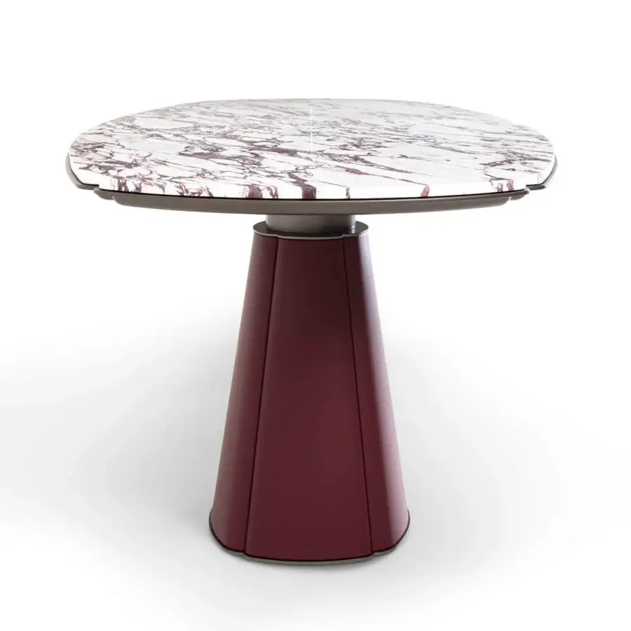 Exceptional Giorgetti Floria table with reddish-brown veined marble top and satin metallic band with burgundy leather base